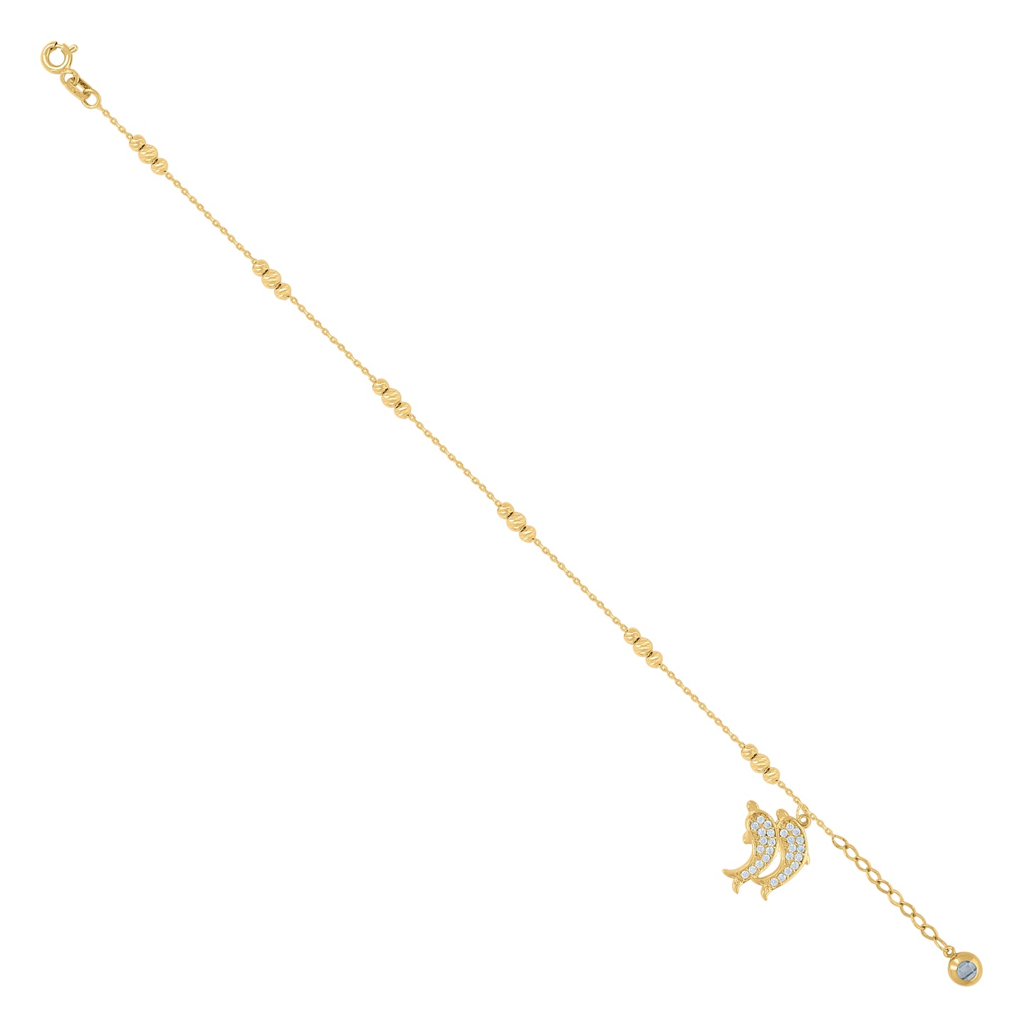 10K Yellow Gold Womens Cubic-Zirconia Jumping Dolphins Beaded Charm 8" Bracelet
