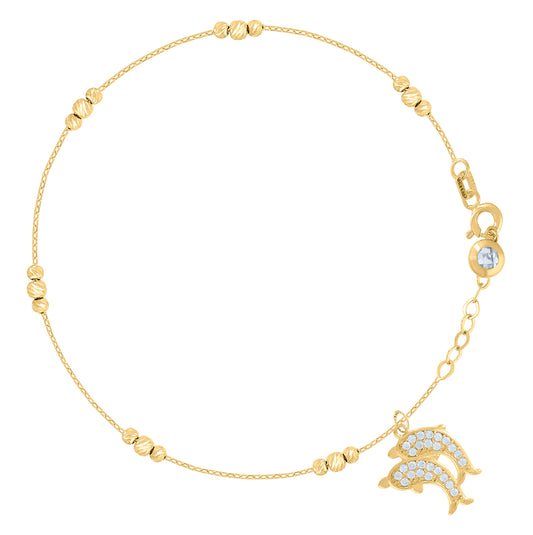 10K Yellow Gold Womens Cubic-Zirconia Jumping Dolphins Beaded Charm 8" Bracelet