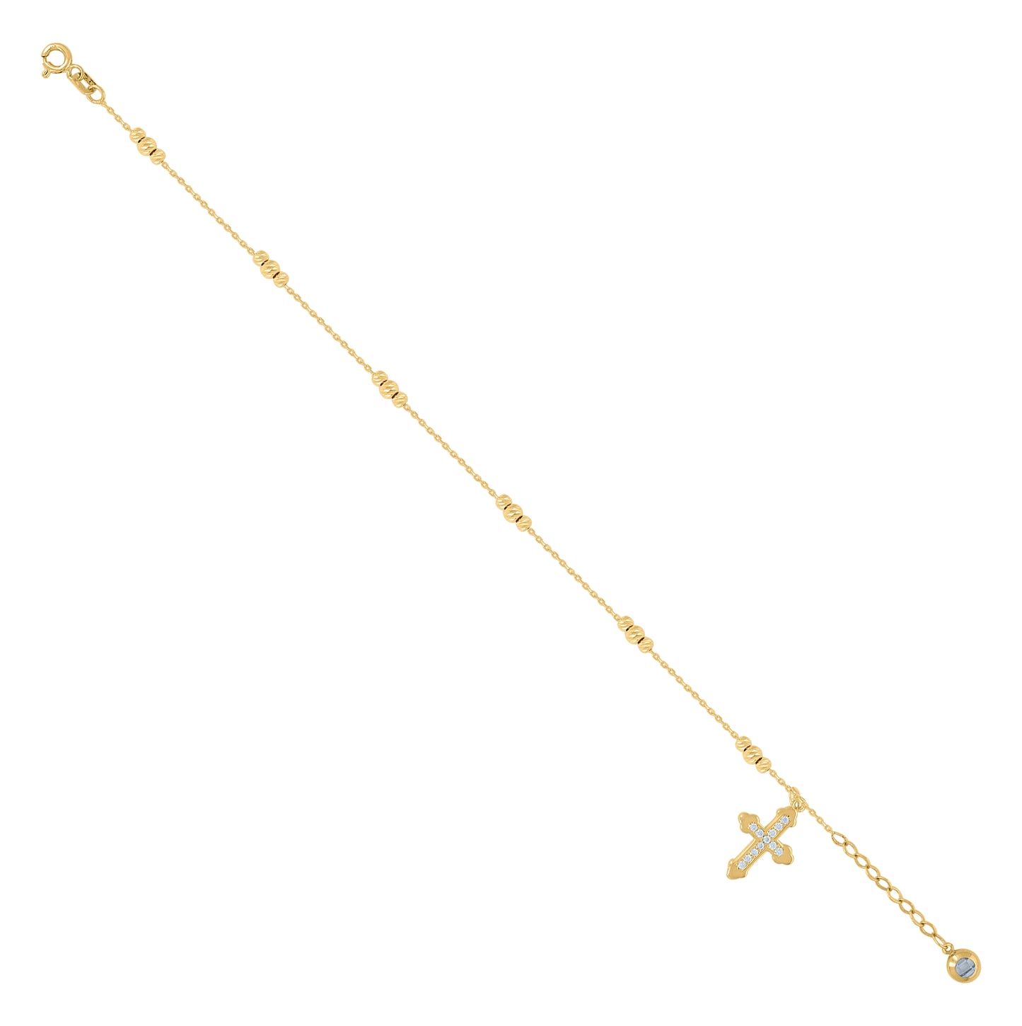 10K Yellow Gold Womens Cubic-Zirconia Cross Beaded Religious Charm 8" Bracelet