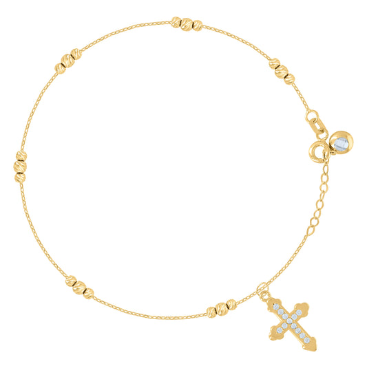 10K Yellow Gold Womens Cubic-Zirconia Cross Beaded Religious Charm 8" Bracelet