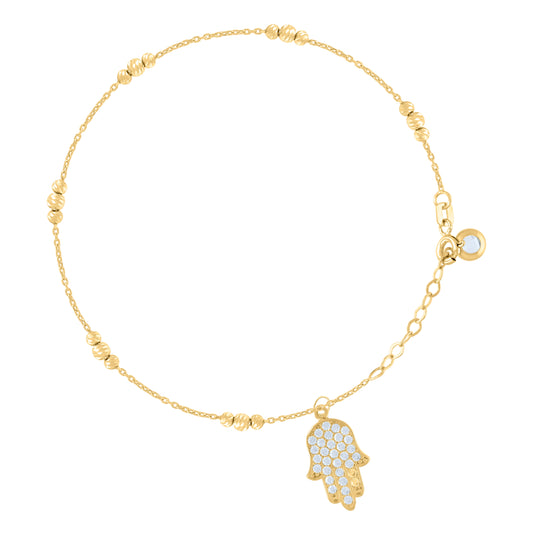 10K Yellow Gold Womens Cubic-Zirconia Hamsa Beaded Religious Charm 8" Bracelet