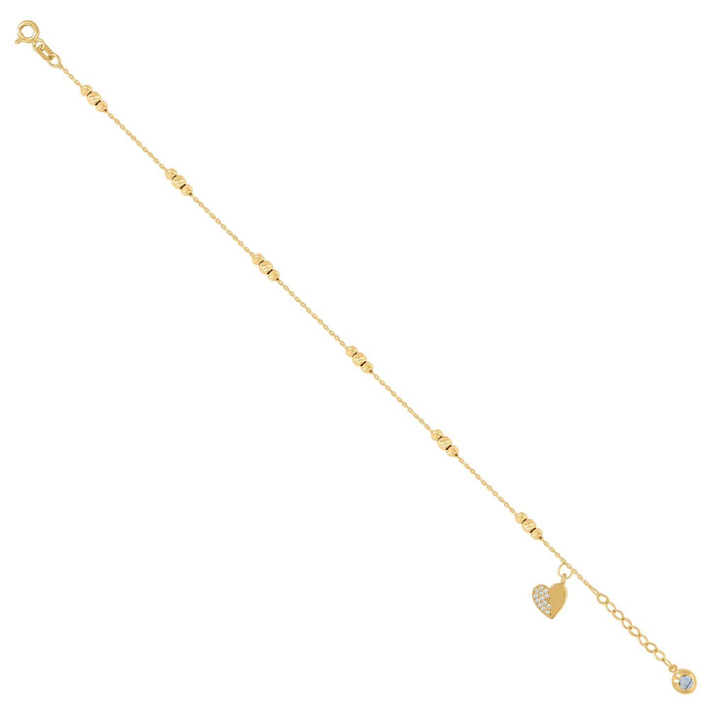 10K Yellow Gold Womens Cubic-Zirconia Heart Beaded Charm 8" Bracelet