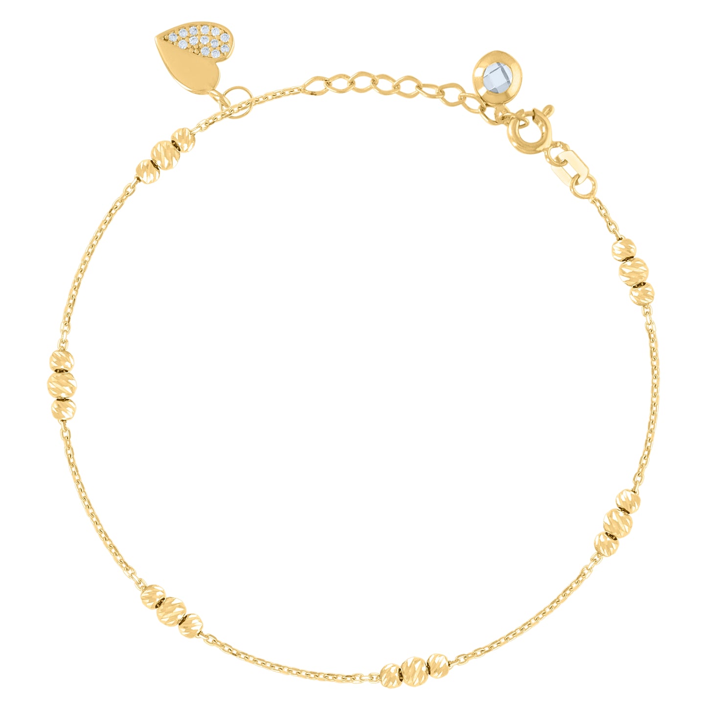 10K Yellow Gold Womens Cubic-Zirconia Heart Beaded Charm 8" Bracelet