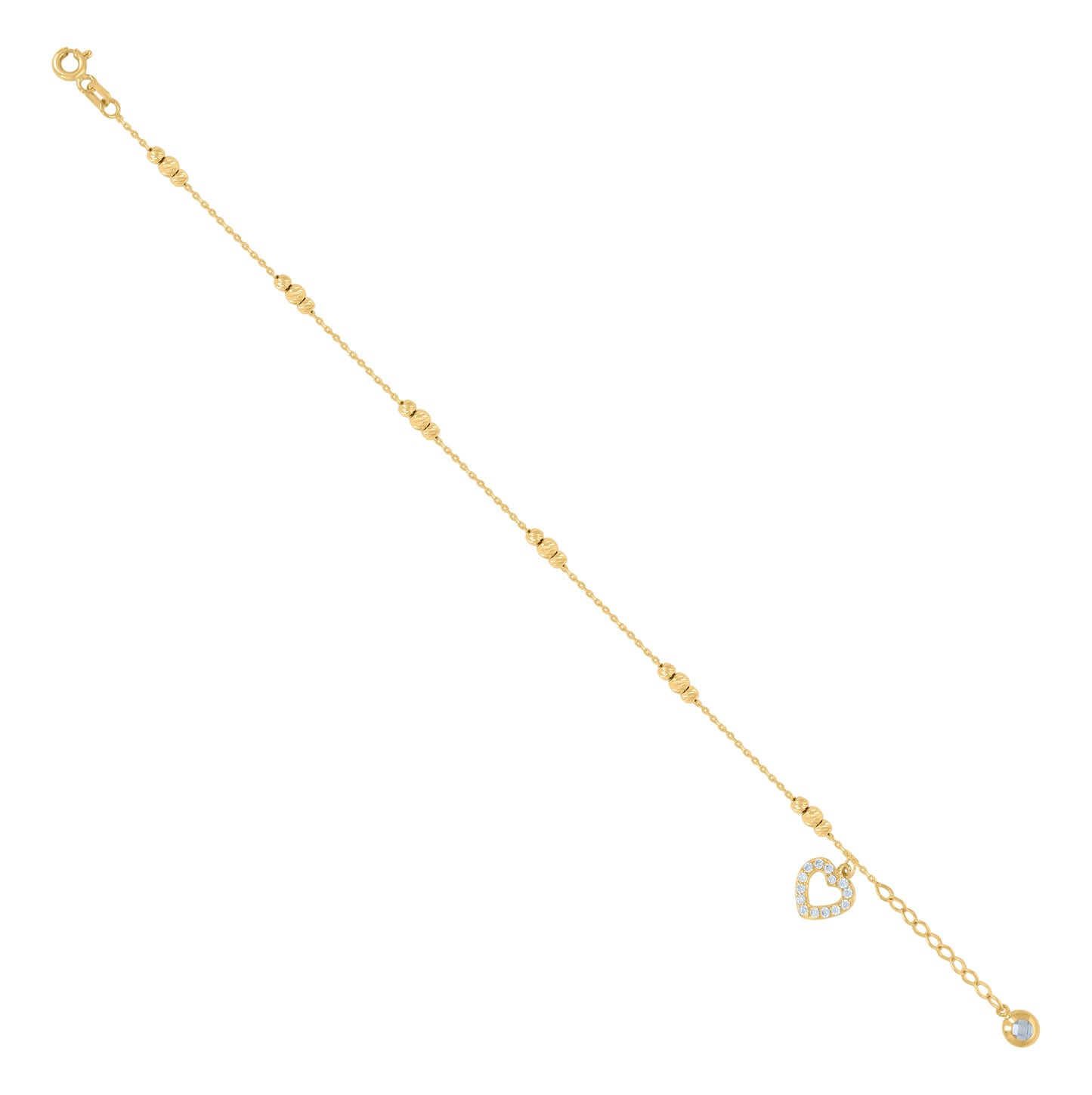 10K Yellow Gold Womens Cubic-Zirconia Heart Beaded Charm 8" Bracelet