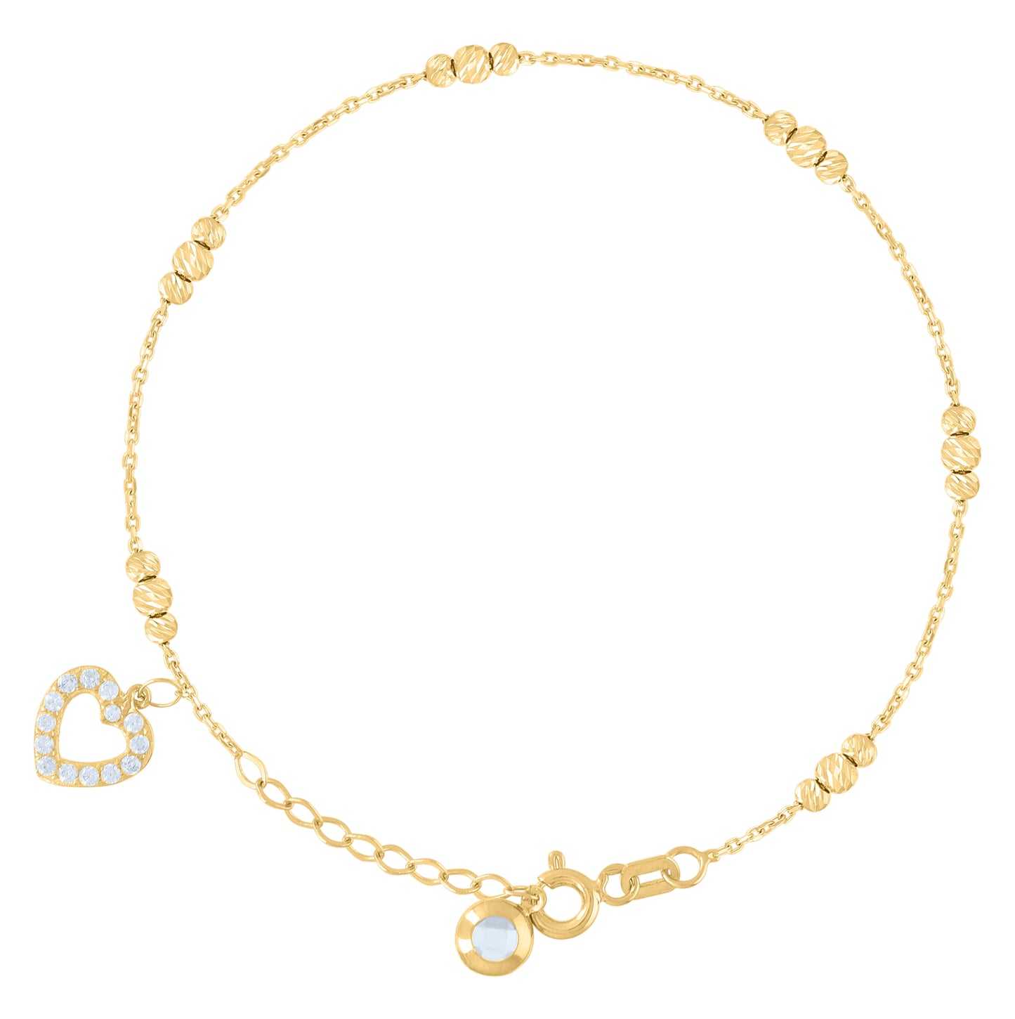 10K Yellow Gold Womens Cubic-Zirconia Heart Beaded Charm 8" Bracelet