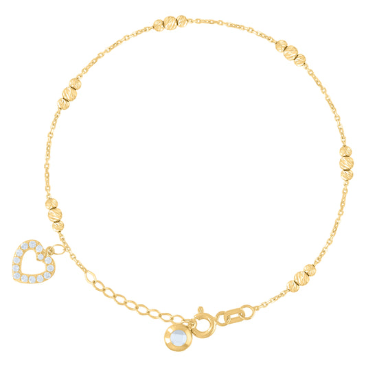 10K Yellow Gold Womens Cubic-Zirconia Heart Beaded Charm 8" Bracelet