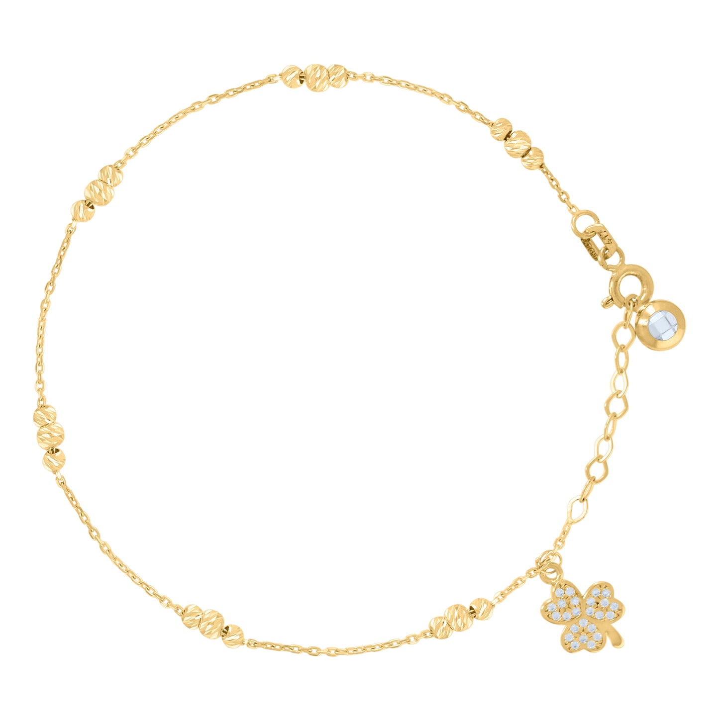 10K Yellow Gold Womens Cubic-Zirconia Clover Beaded Good Luck Charm 8" Bracelet