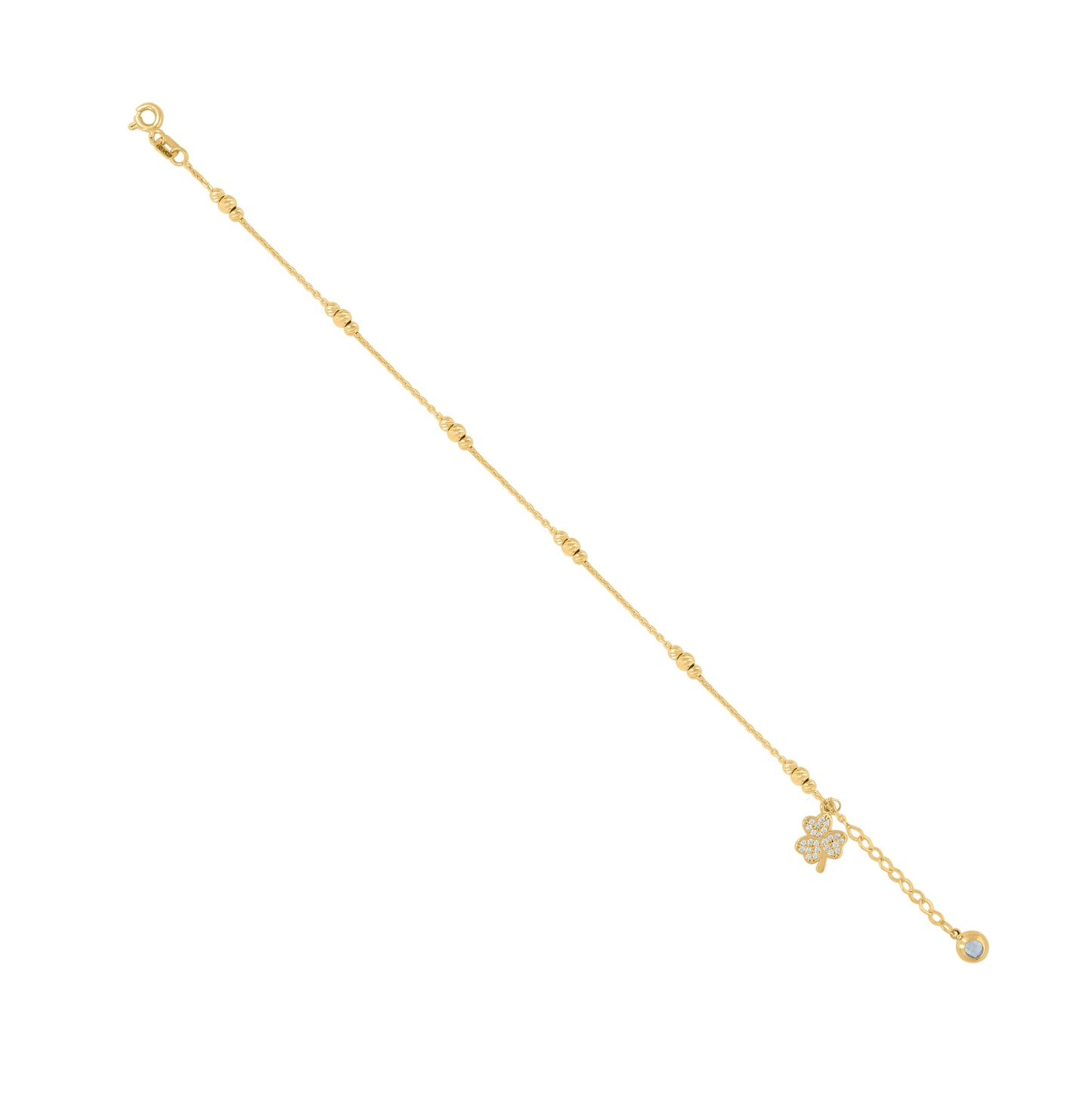 10K Yellow Gold Womens Cubic-Zirconia Clover Beaded Good Luck Charm 8" Bracelet