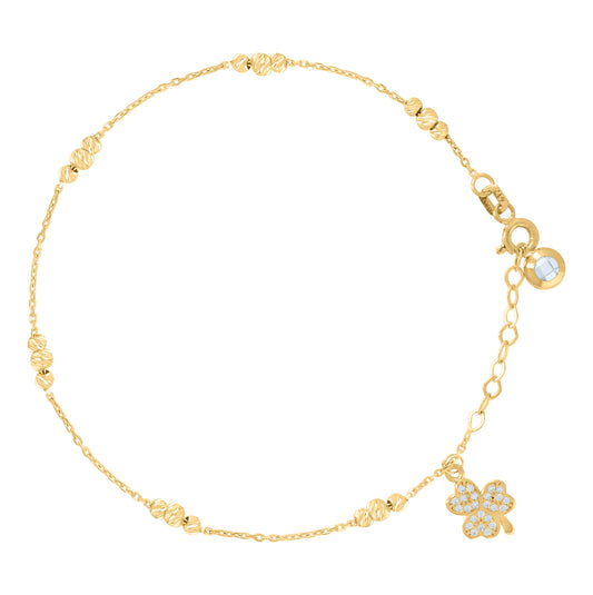 10K Yellow Gold Womens Cubic-Zirconia Clover Beaded Good Luck Charm 8" Bracelet