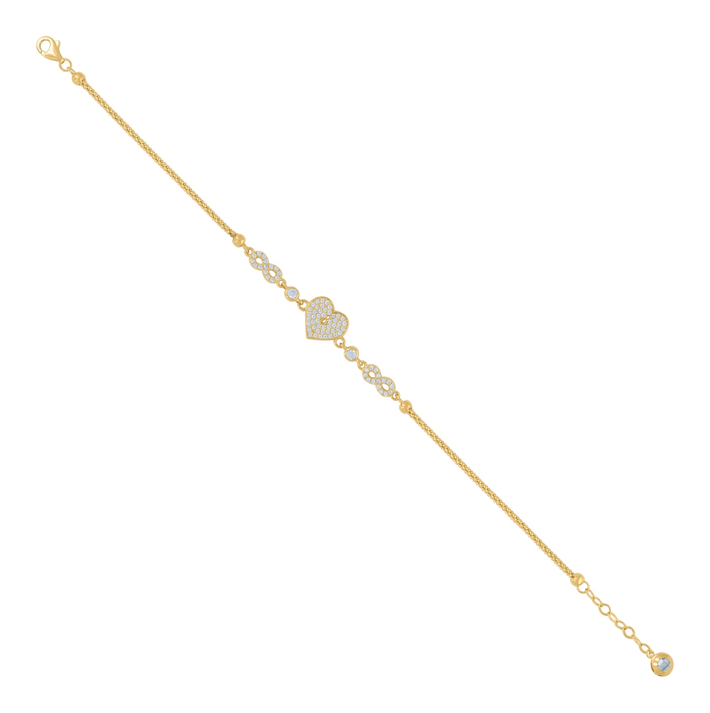 10K Yellow Gold Womens Cubic-Zirconia Heart Charm Bracelet Size 8 Inches
