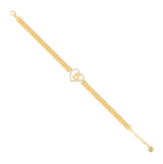 10K Yellow Gold Womens Cubic-Zirconia Quinceanera Sweet 15 Heart Charm Bracelet Size 8 Inches