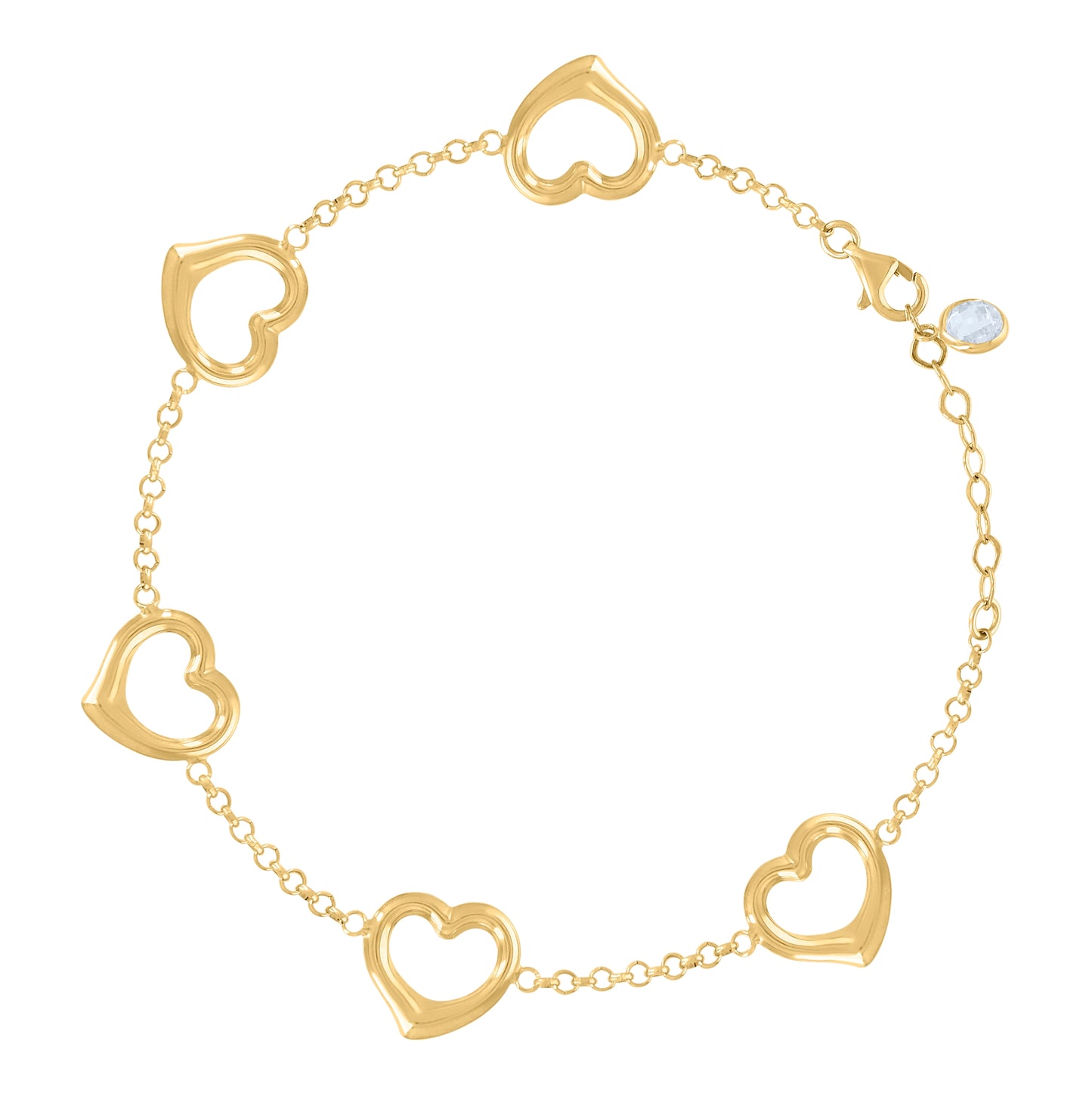 10K Yellow Gold Womens Cubic-Zirconia Heart Link Charm 8" Bracelet