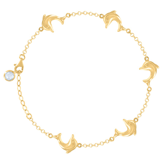 10K Yellow Gold Womens Cubic-Zirconia Dolphin Link Charm 8" Bracelet