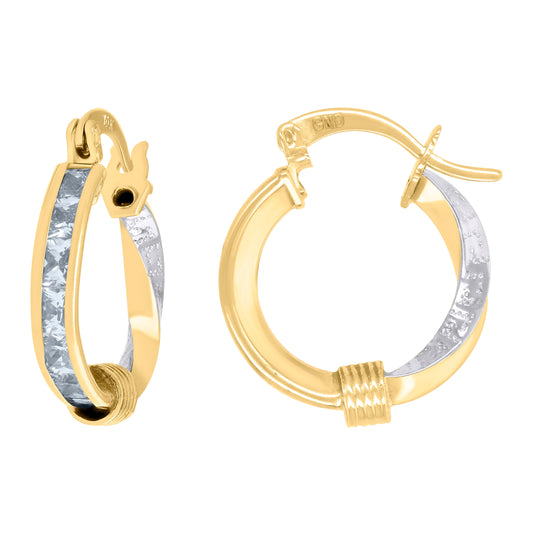10K Two-Tone Gold Womens Baguette Cubic-Zirconia Textured Twisted Hoops Huggies Earrings