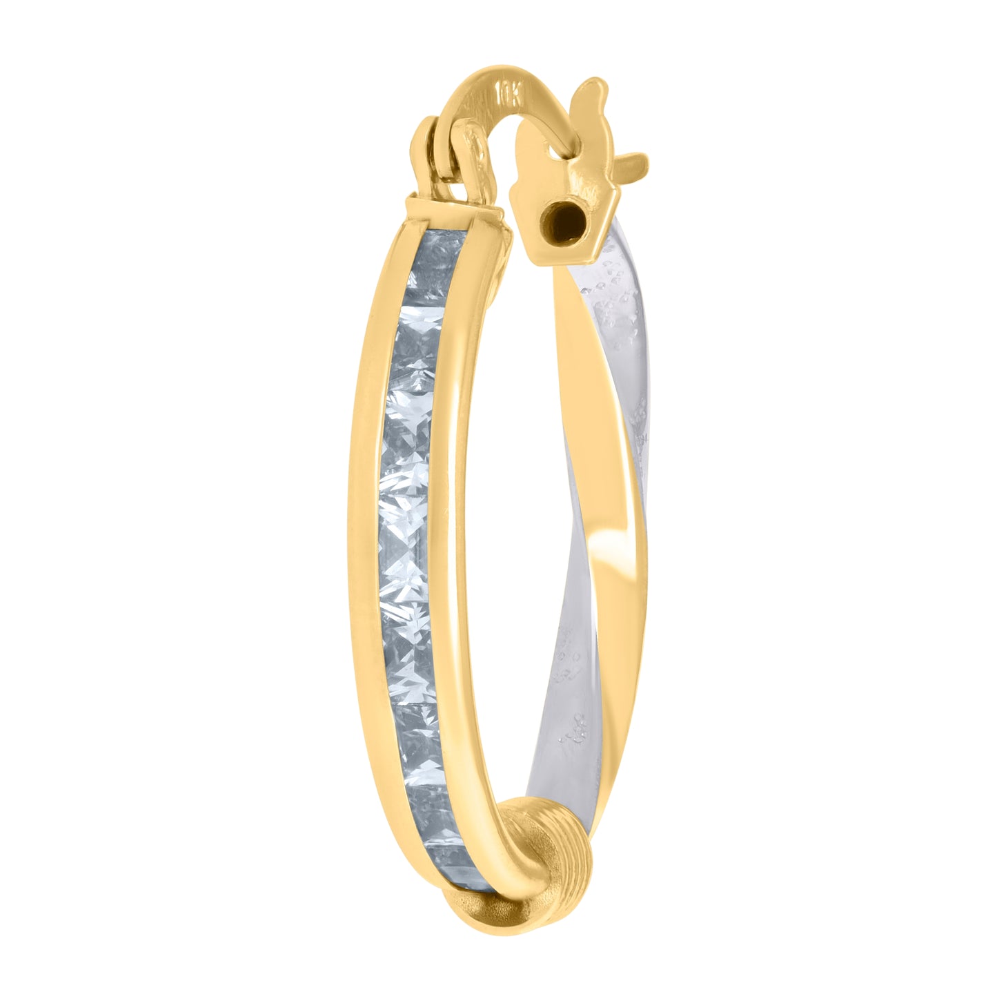 10K Two-Tone Gold Womens Baguette Cubic-Zirconia Textured Twisted Hoops Huggies Earrings