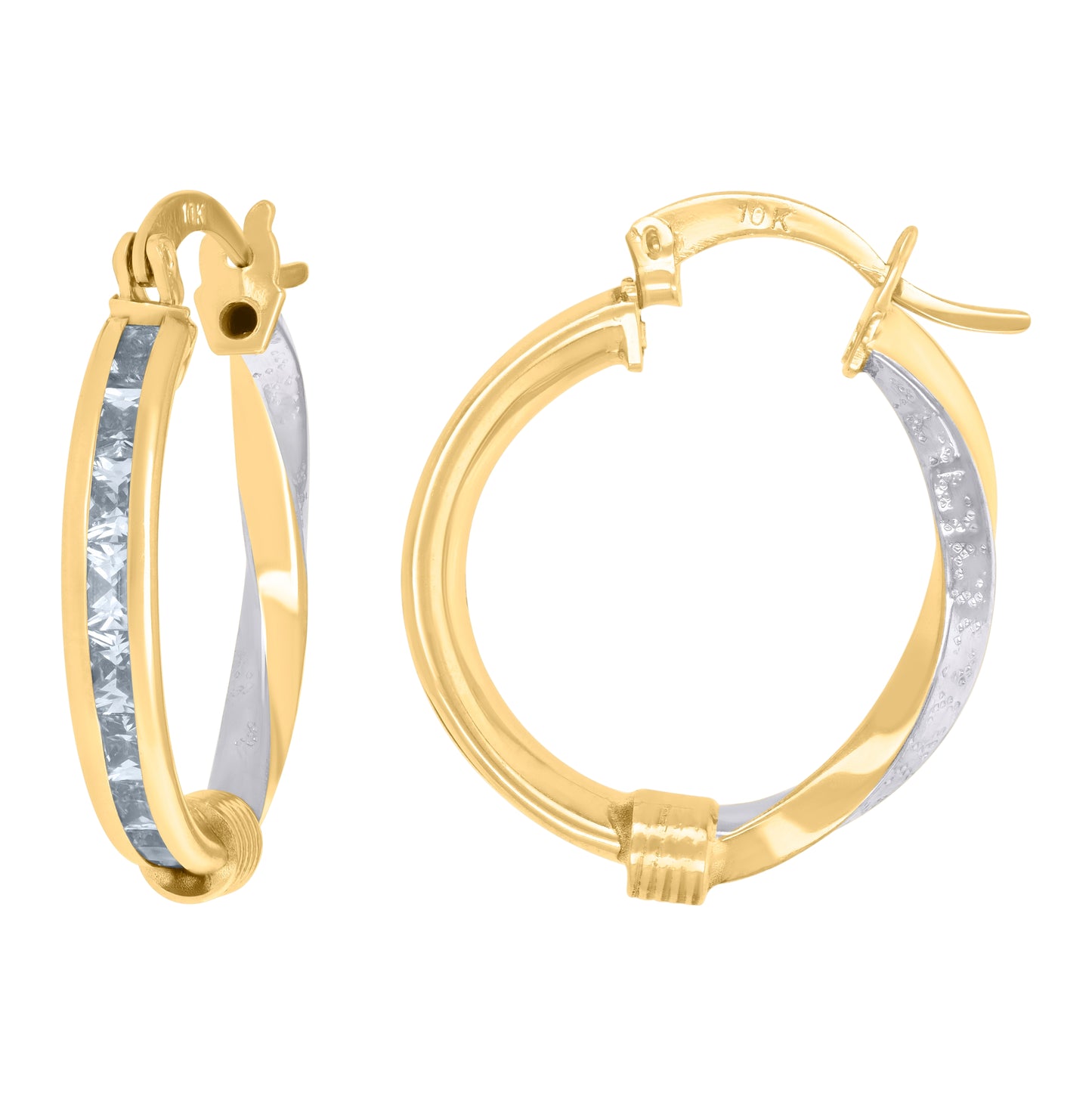 10K Two-Tone Gold Womens Baguette Cubic-Zirconia Textured Twisted Hoops Huggies Earrings