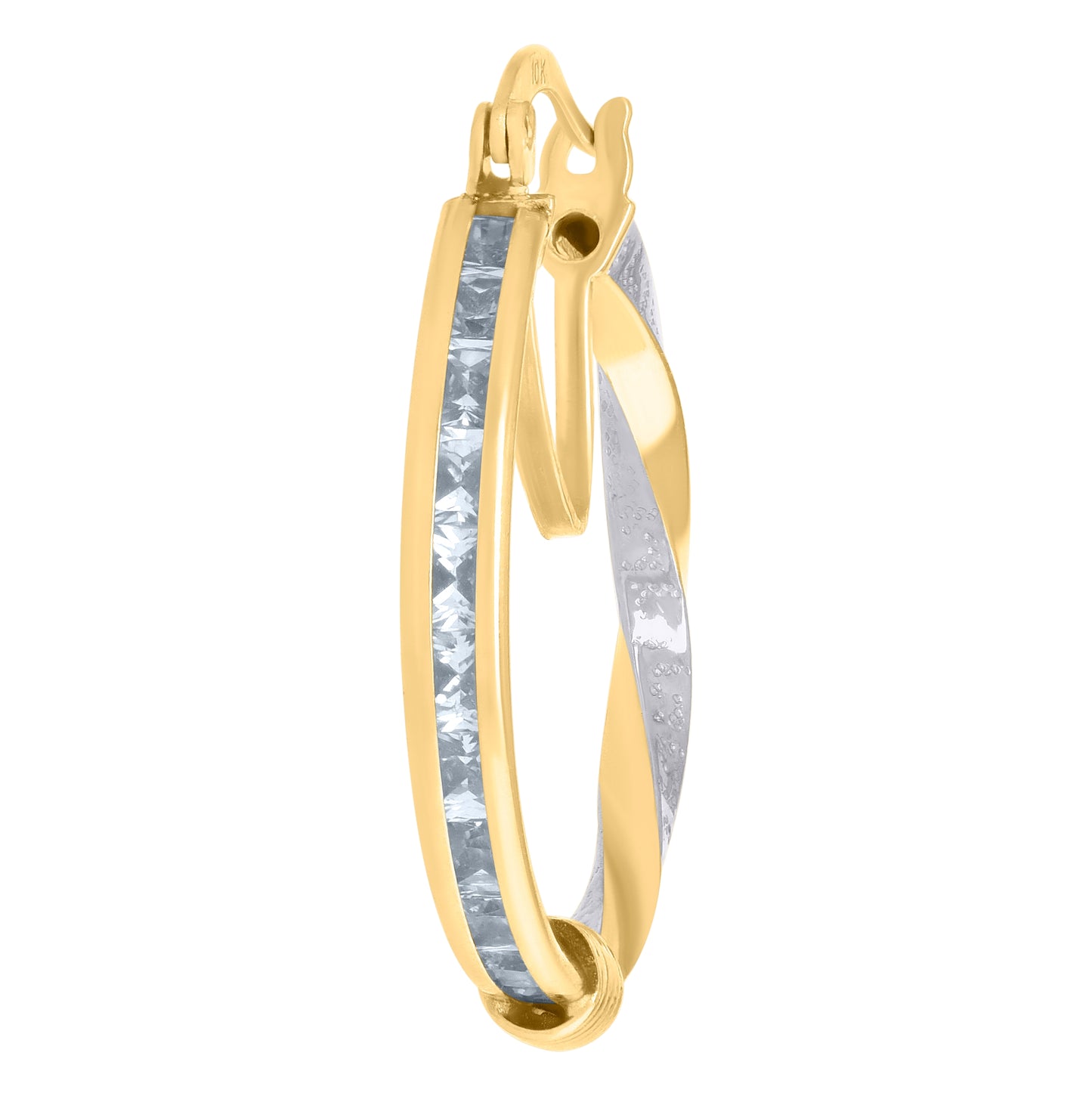 10K Two-Tone Gold Womens Baguette Cubic-Zirconia Textured Twisted Hoops Huggies Earrings