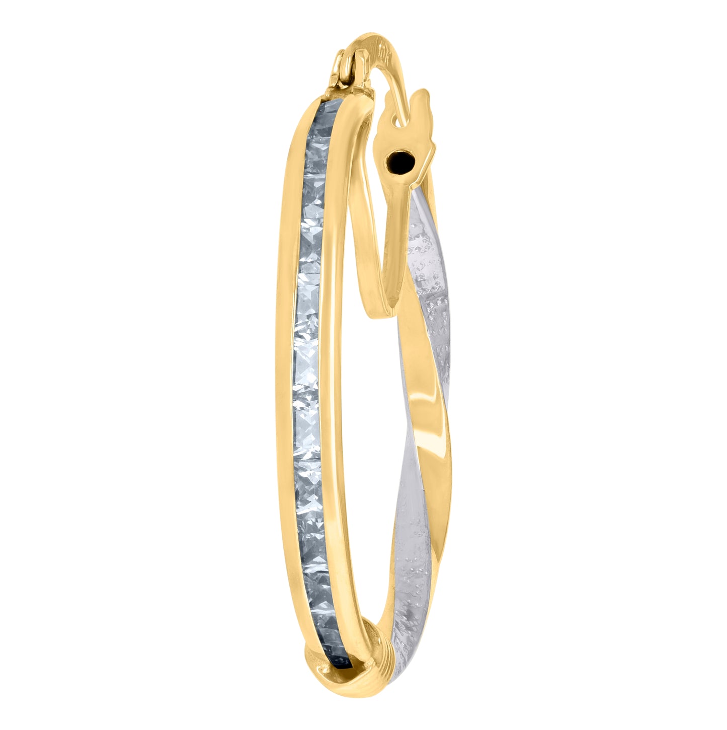 10K Two-Tone Gold Womens Baguette Cubic-Zirconia Textured Twisted Hoops Huggies Earrings