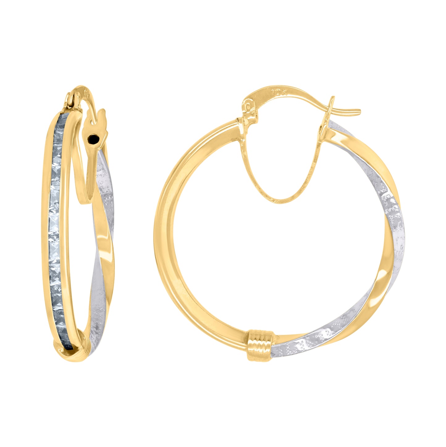 10K Two-Tone Gold Womens Baguette Cubic-Zirconia Textured Twisted Hoops Huggies Earrings