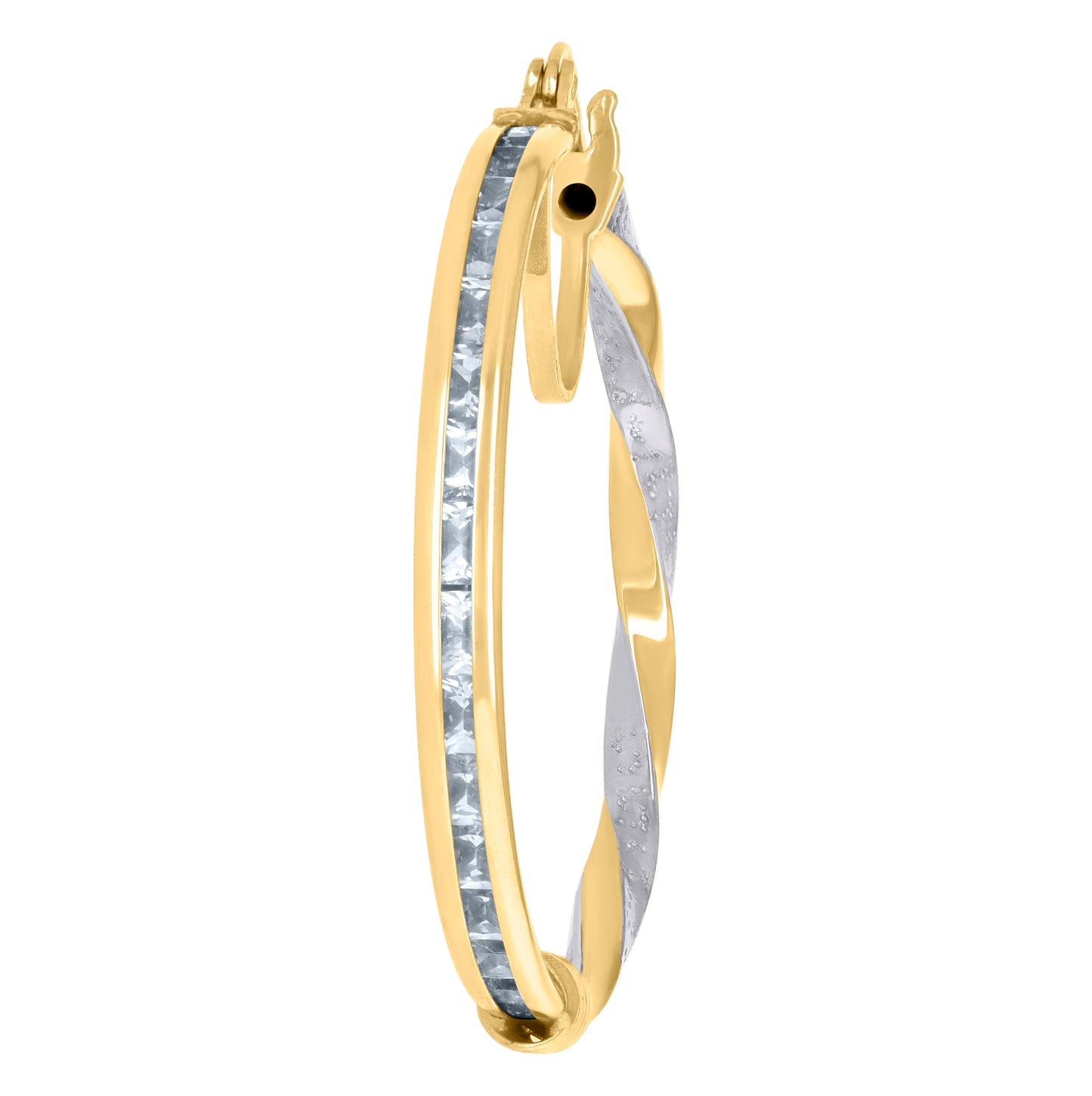 10K Two-Tone Gold Womens Baguette Cubic-Zirconia Textured Twisted Hoops Huggies Earrings