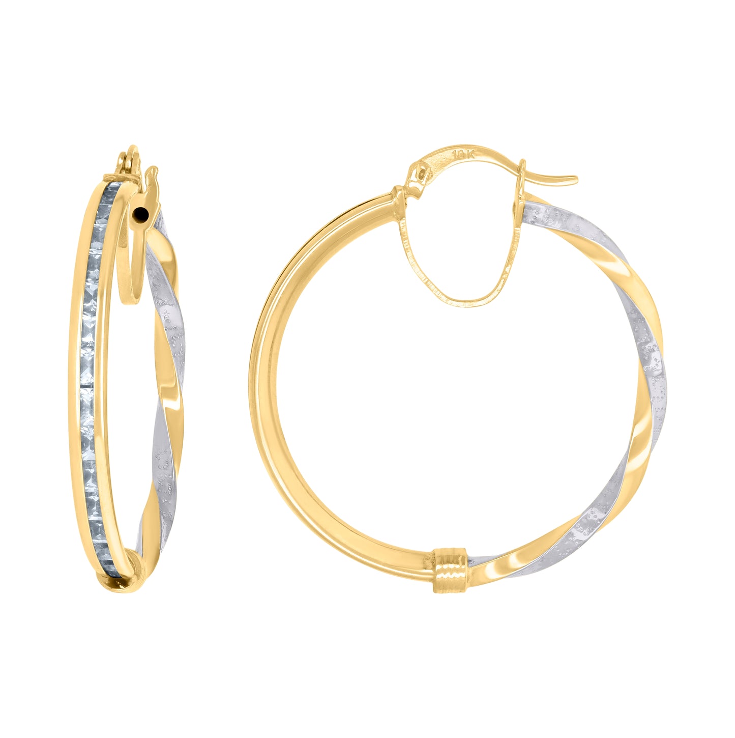 10K Two-Tone Gold Womens Baguette Cubic-Zirconia Textured Twisted Hoops Huggies Earrings