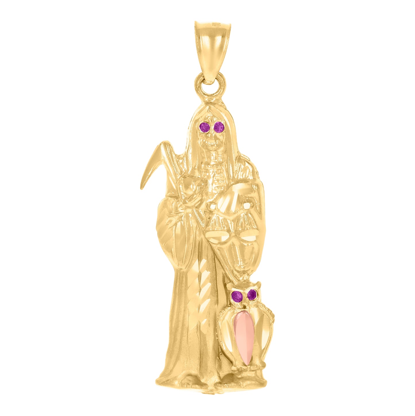 10K Two-Tone Gold Mens Purple Cubic-Zirconia Death Angel Grim Reaper Religious Charm Pendant