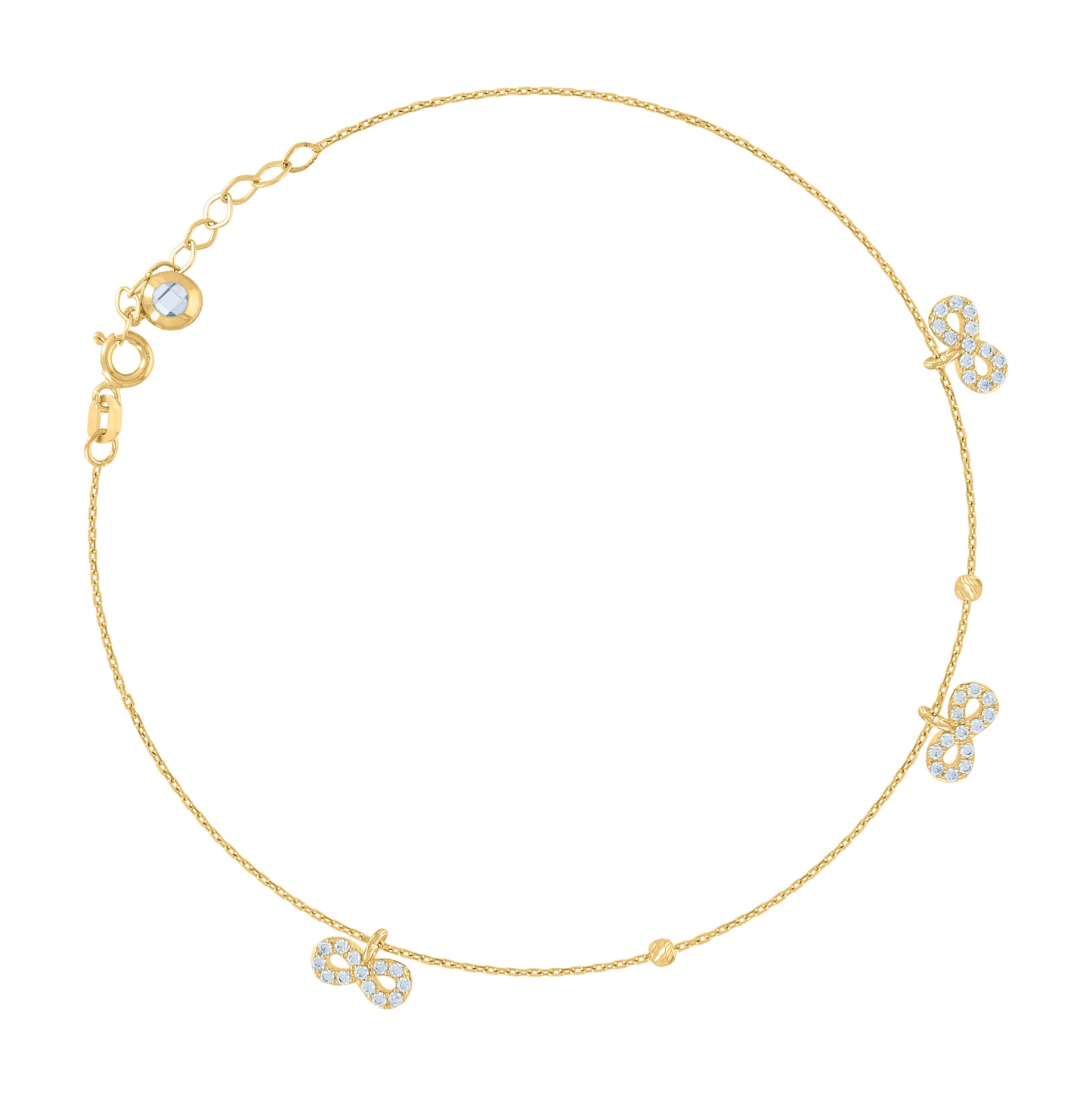 10K Yellow Gold Womens Cubic-Zirconia Beaded Infinity Charm Anklet Size 10 Inches