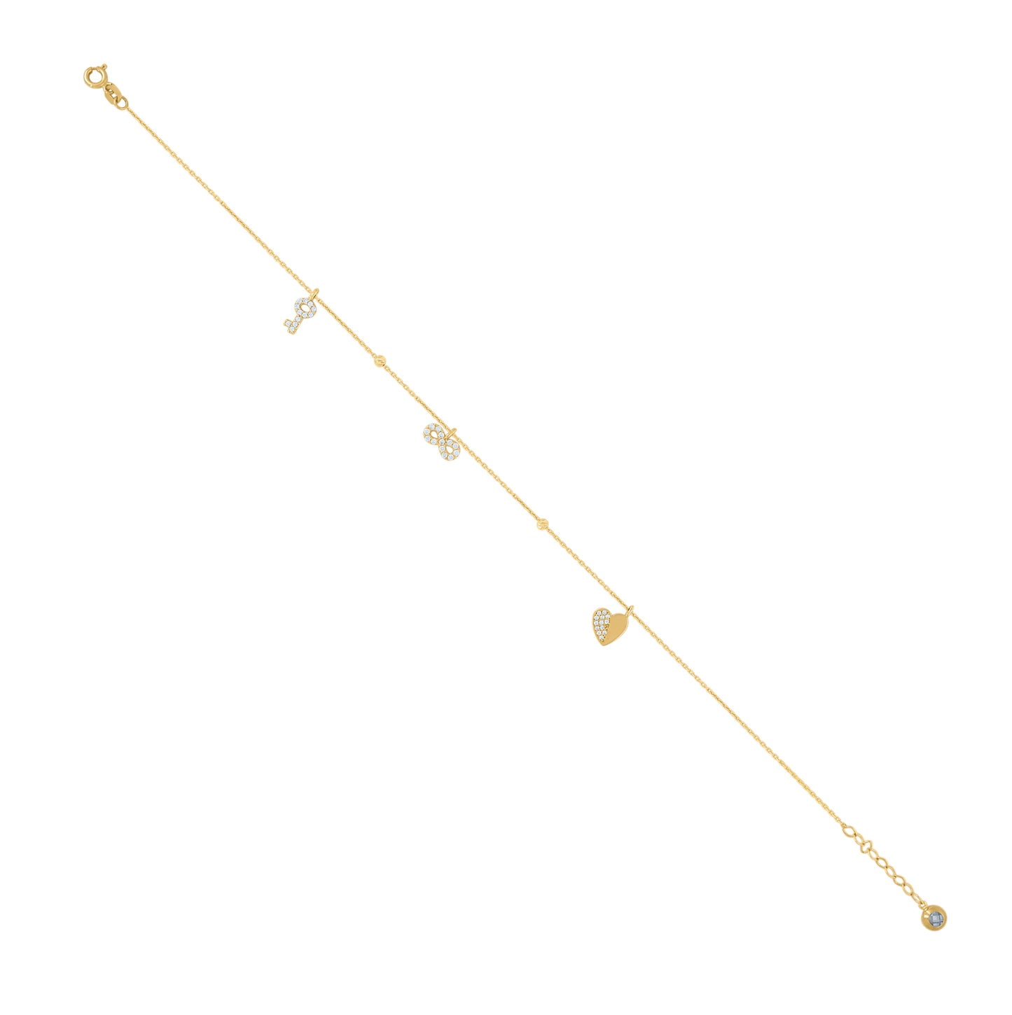 10K Yellow Gold Womens Cubic-Zirconia Beaded Heart Infinity Charm Anklet Size 10 Inches