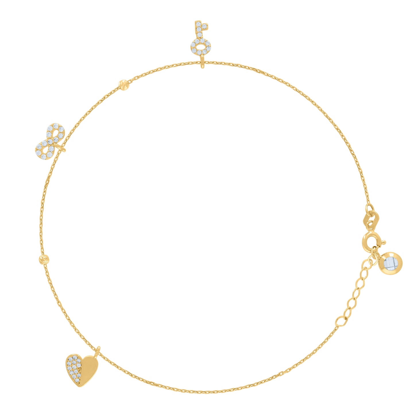 10K Yellow Gold Womens Cubic-Zirconia Beaded Heart Infinity Charm Anklet Size 10 Inches