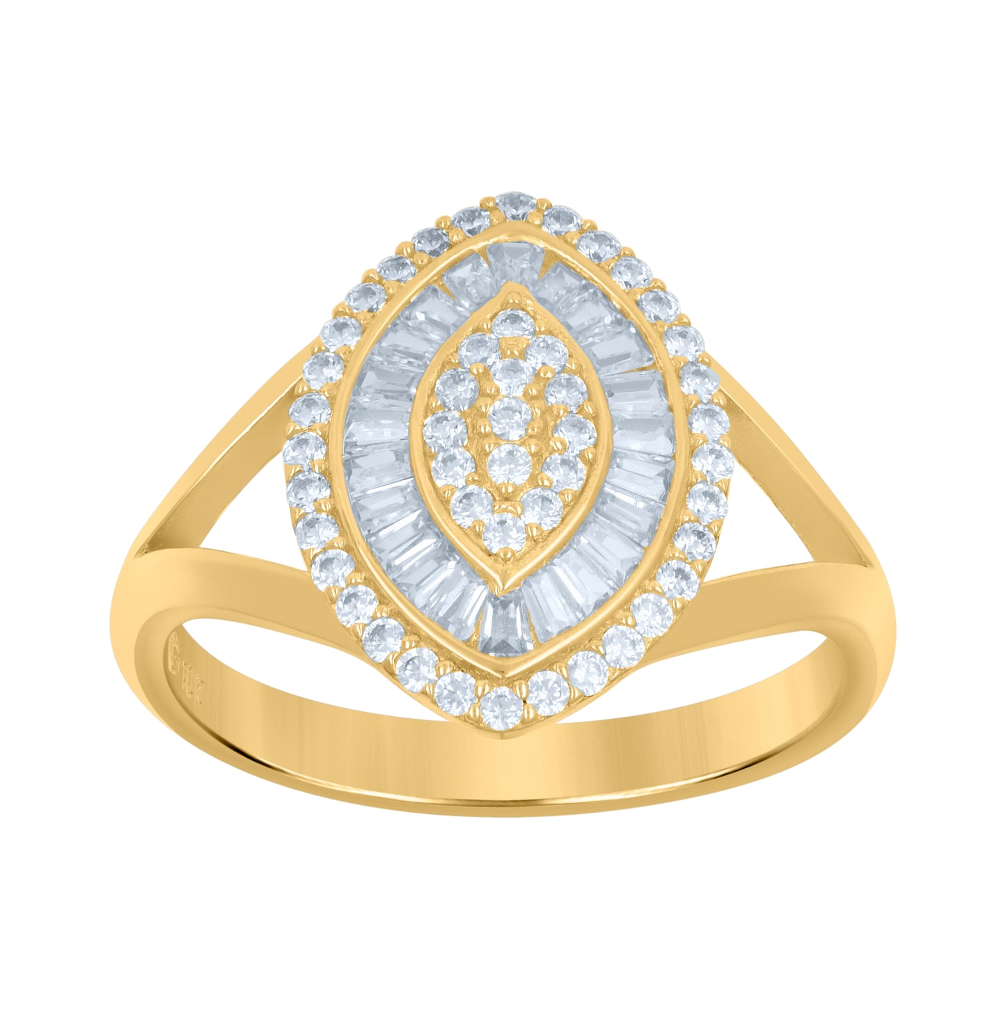 10K Yellow Gold Womens Baguette Round Cubic-Zirconia Marquise Head Fashion Ring