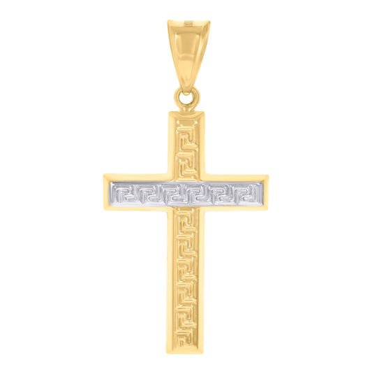 14K Two-tone Gold Unisex Greek Key Cross Religious Charm Pendant