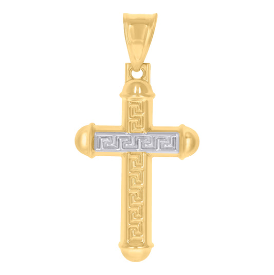 14K Two-Tone Gold Mens Greek Key Cross Religious Charm Pendant