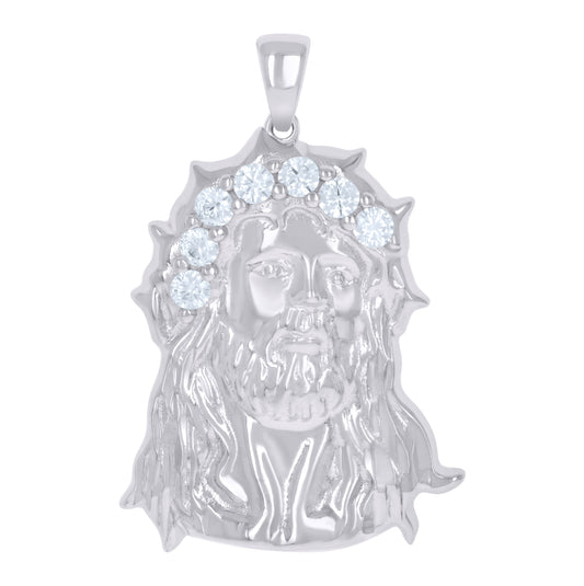 Sterling Silver Mens Cubic-Zirconia Jesus Religious Charm Pendant
