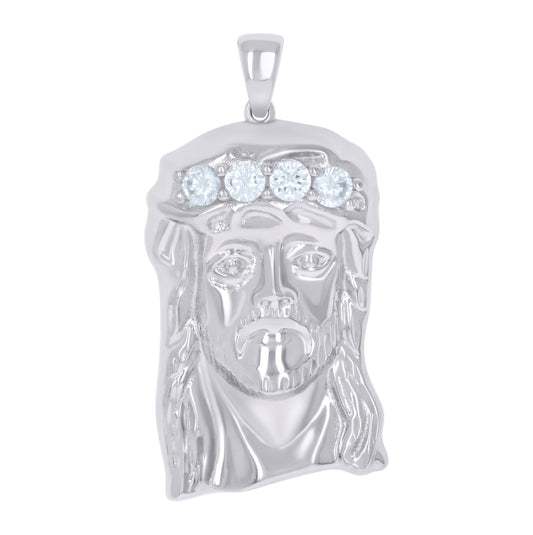 Sterling Silver Mens Cubic-Zirconia Jesus Religious Charm Pendant