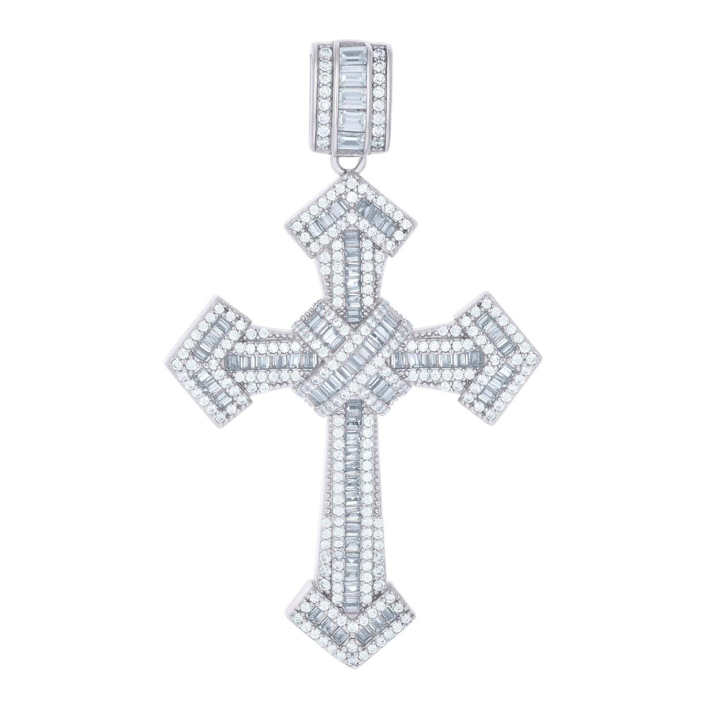 Sterling Silver Mens Baguette Round Cubic-Zirconia Cross Religious Charm Pendant