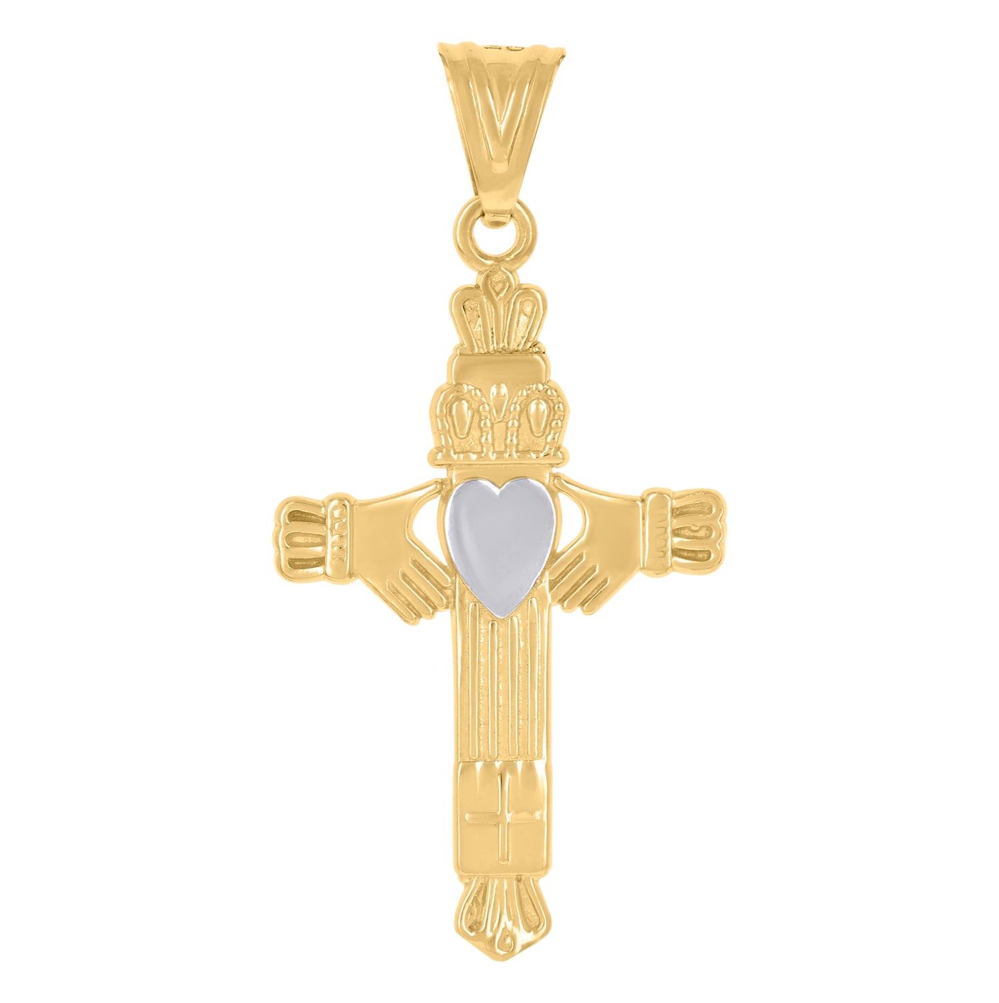 14K Two-tone Gold Mens Claddagh Cross Religious Charm Pendant