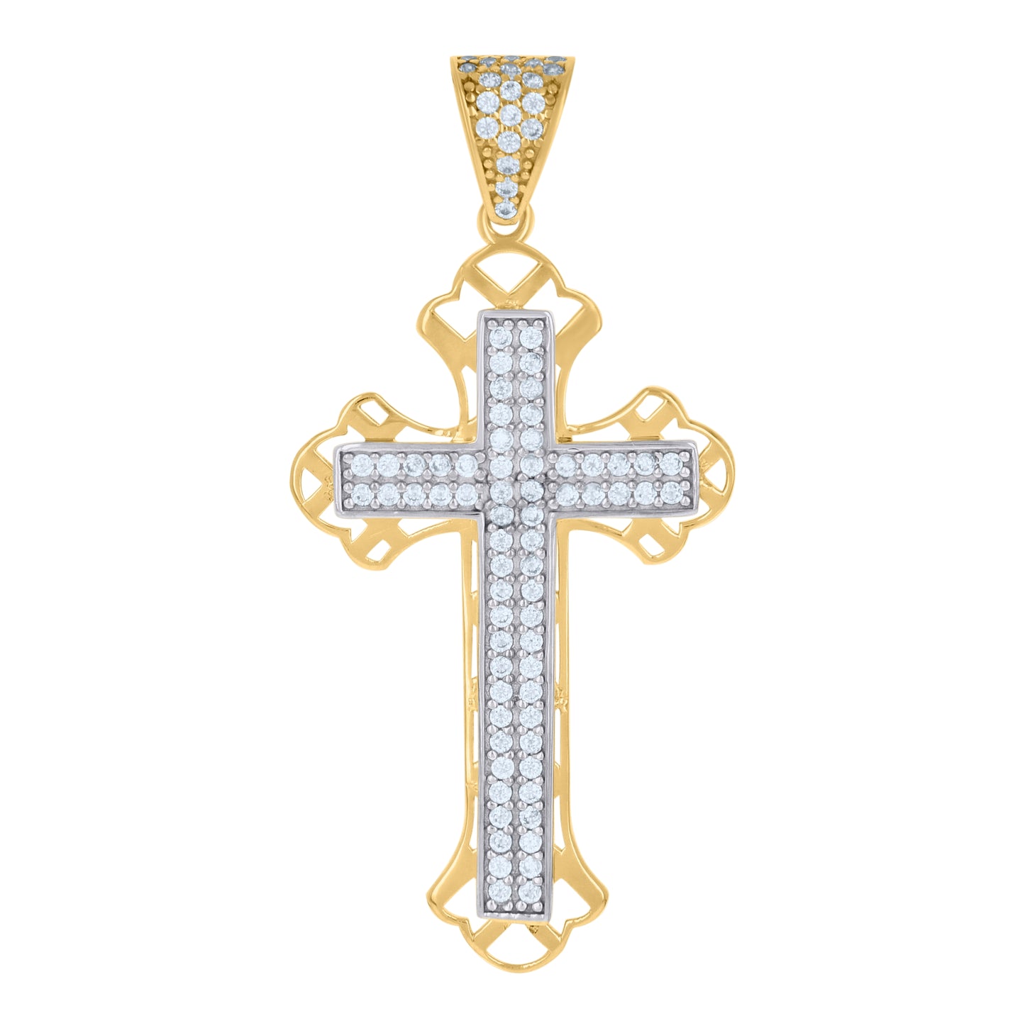 10K Two-tone Gold Mens Cubic-Zirconia Cross Religious Charm Pendant