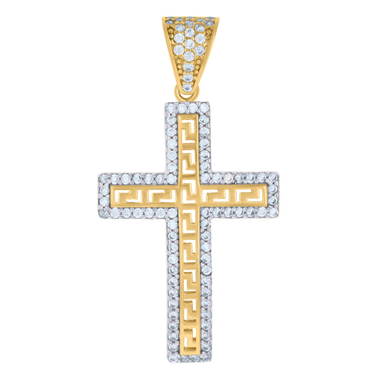 10K Two-tone Gold Mens Cubic-Zirconia Cross Religious Charm Pendant