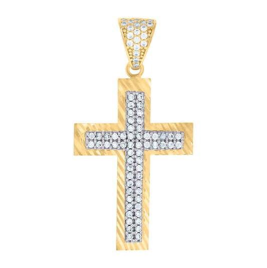 10K Two-tone Gold Mens Cubic-Zirconia Cross Religious Charm Pendant