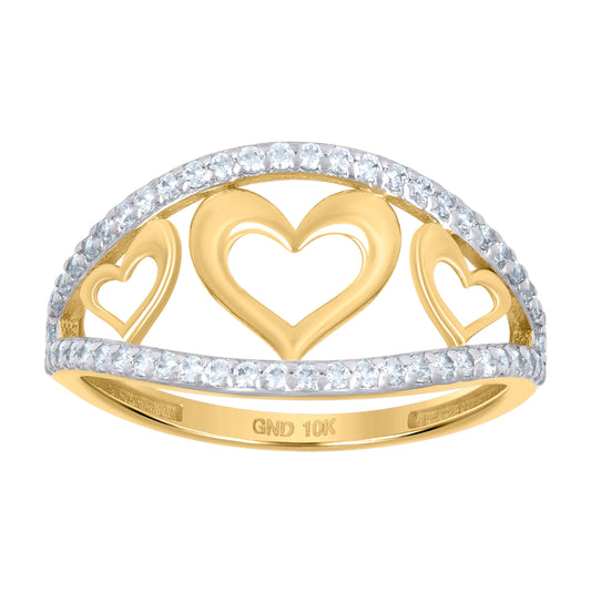 10K Two-tone Gold Womens Cubic-Zirconia Triple Hearts Ring