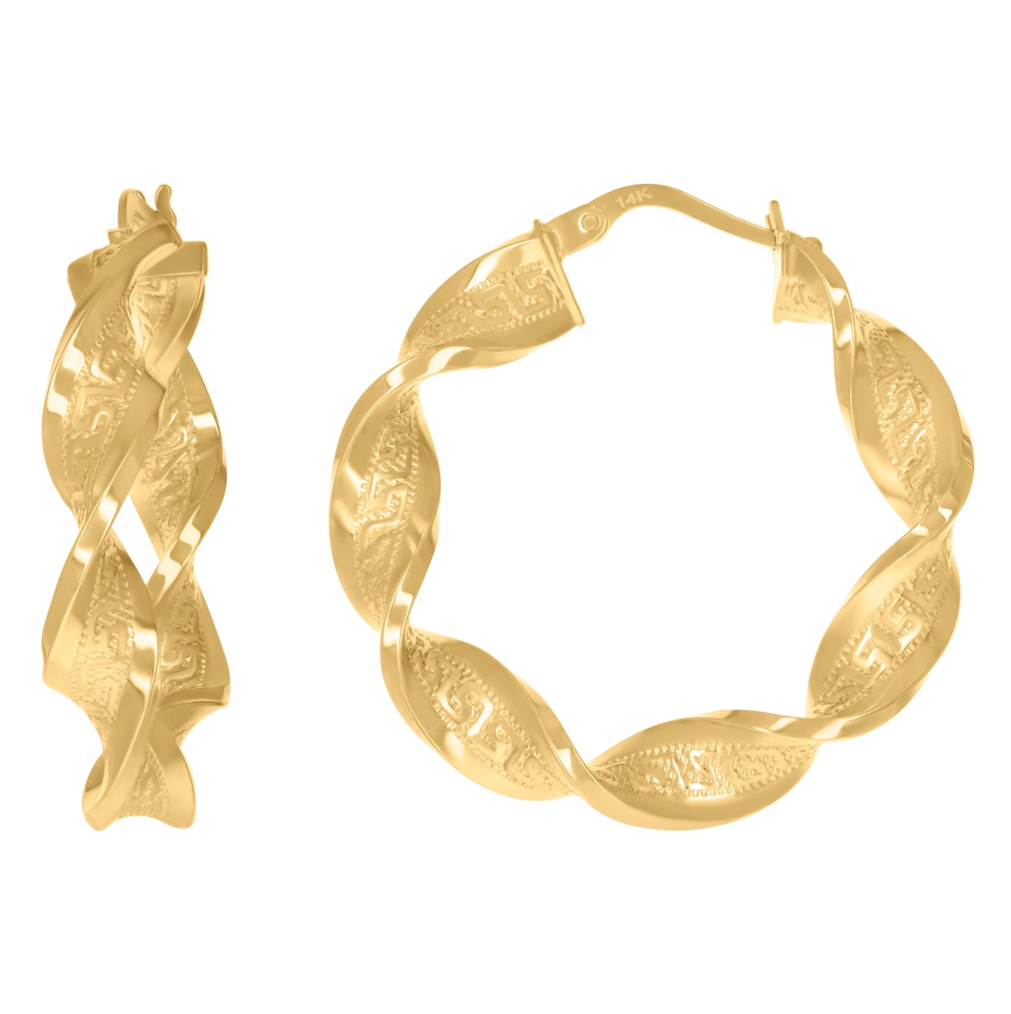 14K Yellow Gold Womens Greek Key Twisted Hoop Earrings