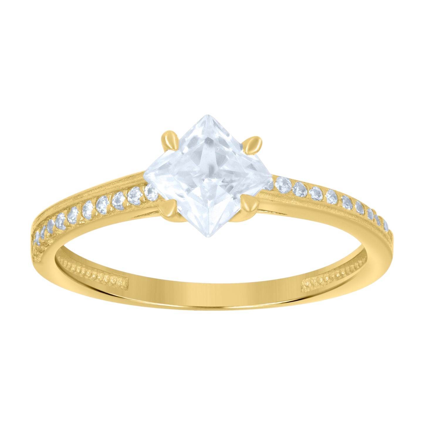 14K Yellow Gold Womens Princess-Cut Round Cubic-Zirconia Engagement Ring