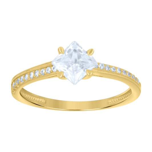 14K Yellow Gold Womens Princess-Cut Round Cubic-Zirconia Engagement Ring