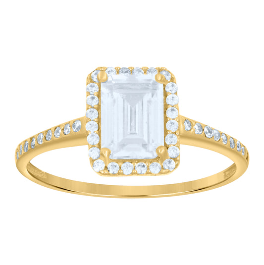 10K Yellow Gold Womens Emerald-Cut Round Cubic-Zirconia Engagement Ring