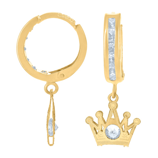 10K Yellow Gold Womens Cubic-Zirconia Crown Dangle Hoop Earrings