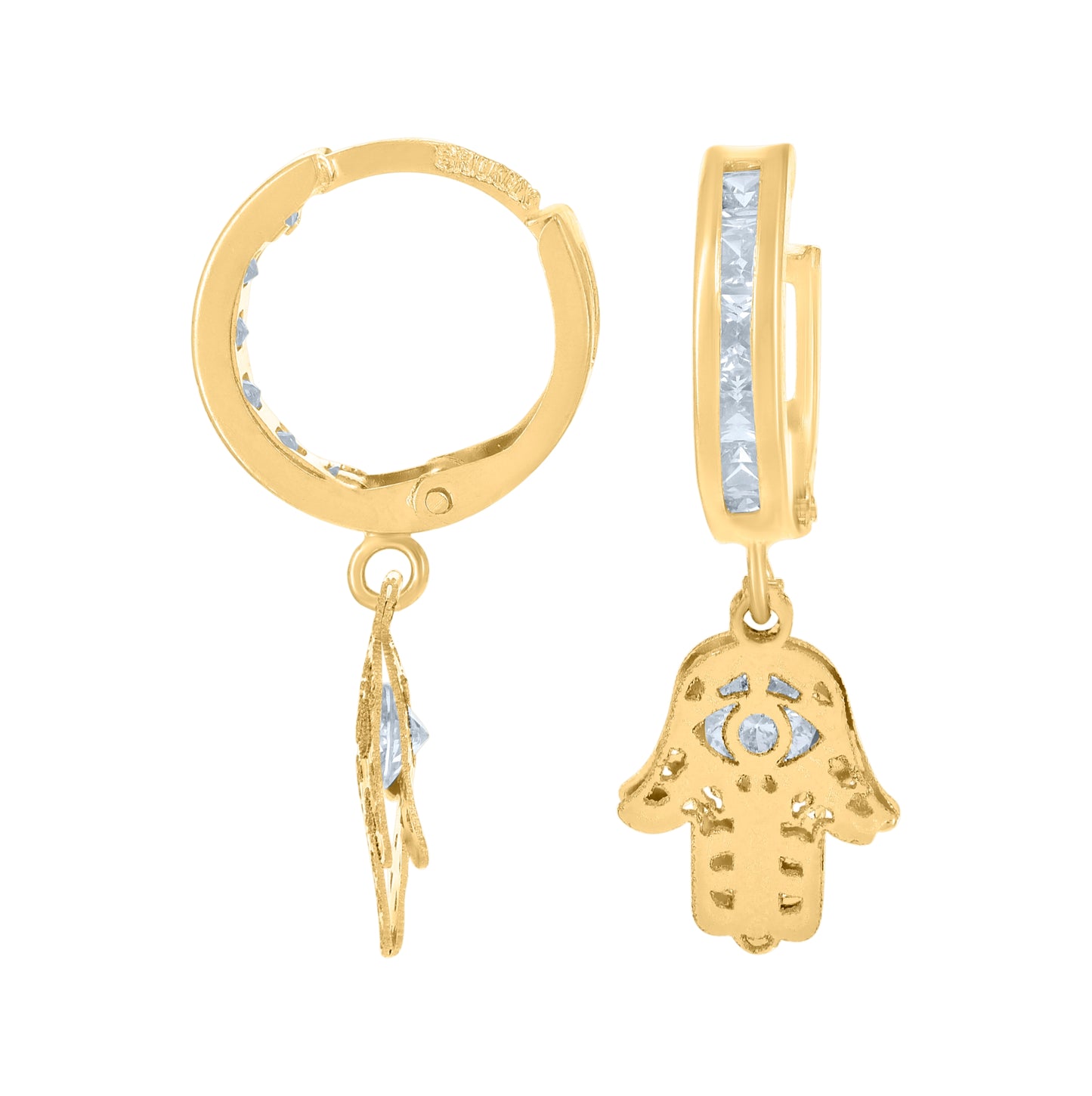 10K Yellow Gold Unisex Cubic-Zirconia Hamsa Dangle Hoop Earrings