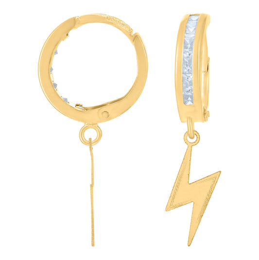 10K Yellow Gold Unisex Cubic-Zirconia Lighting Bolt Dangle Hoop Earrings