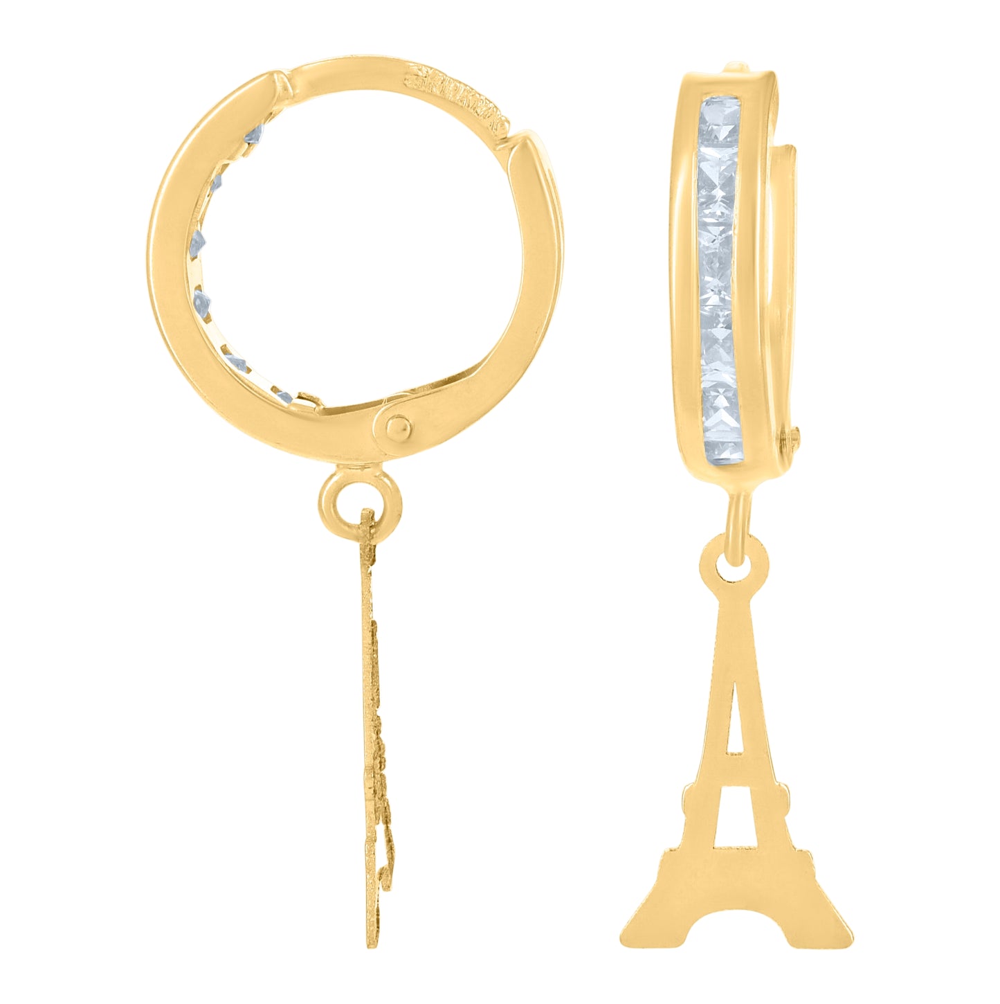 10K Yellow Gold Mens Cubic-Zirconia Eiffel Tower Dangle Hoop Earrings