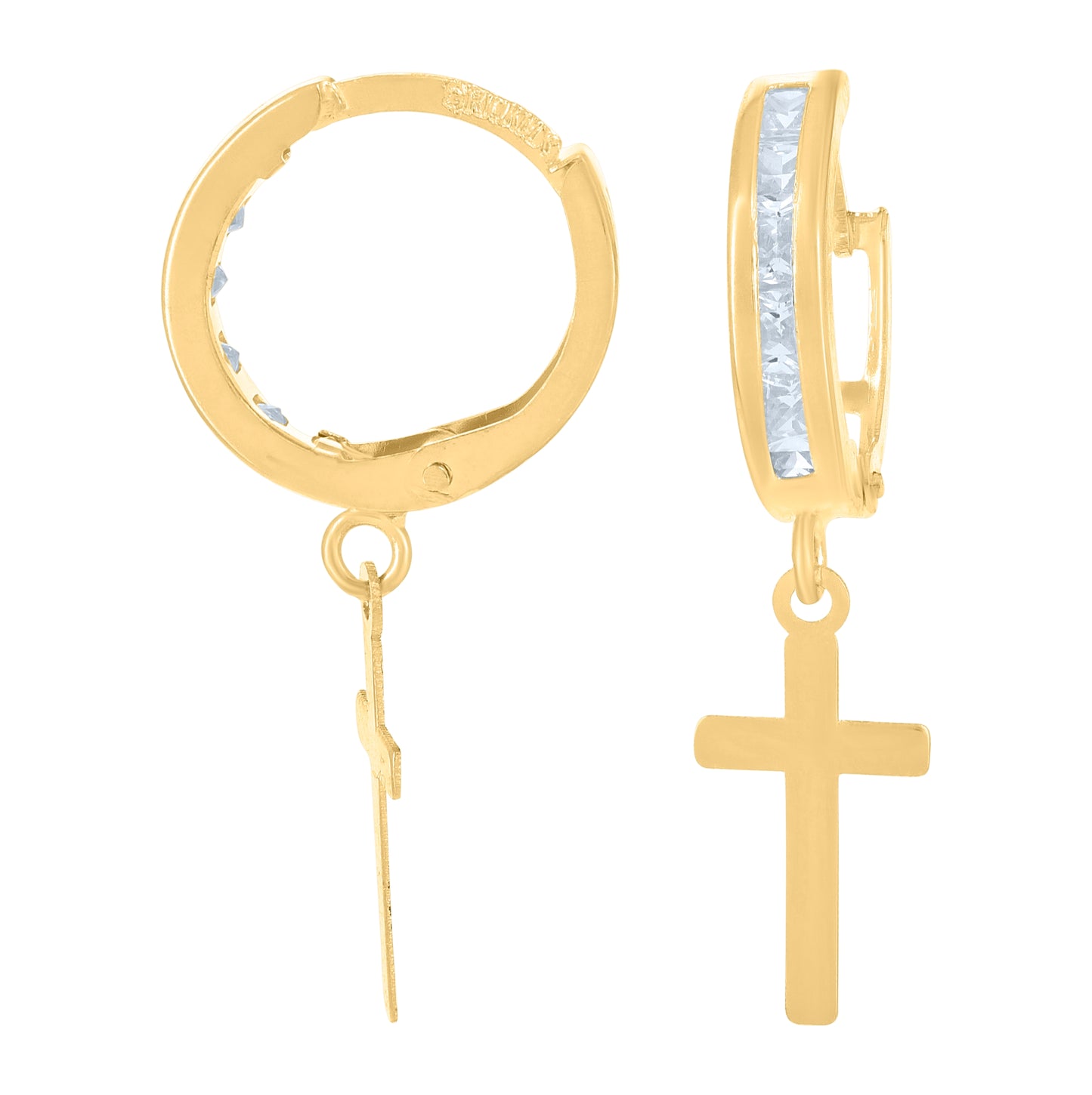 10K Yellow Gold Mens Cubic-Zirconia Cross Dangle Hoop Earrings