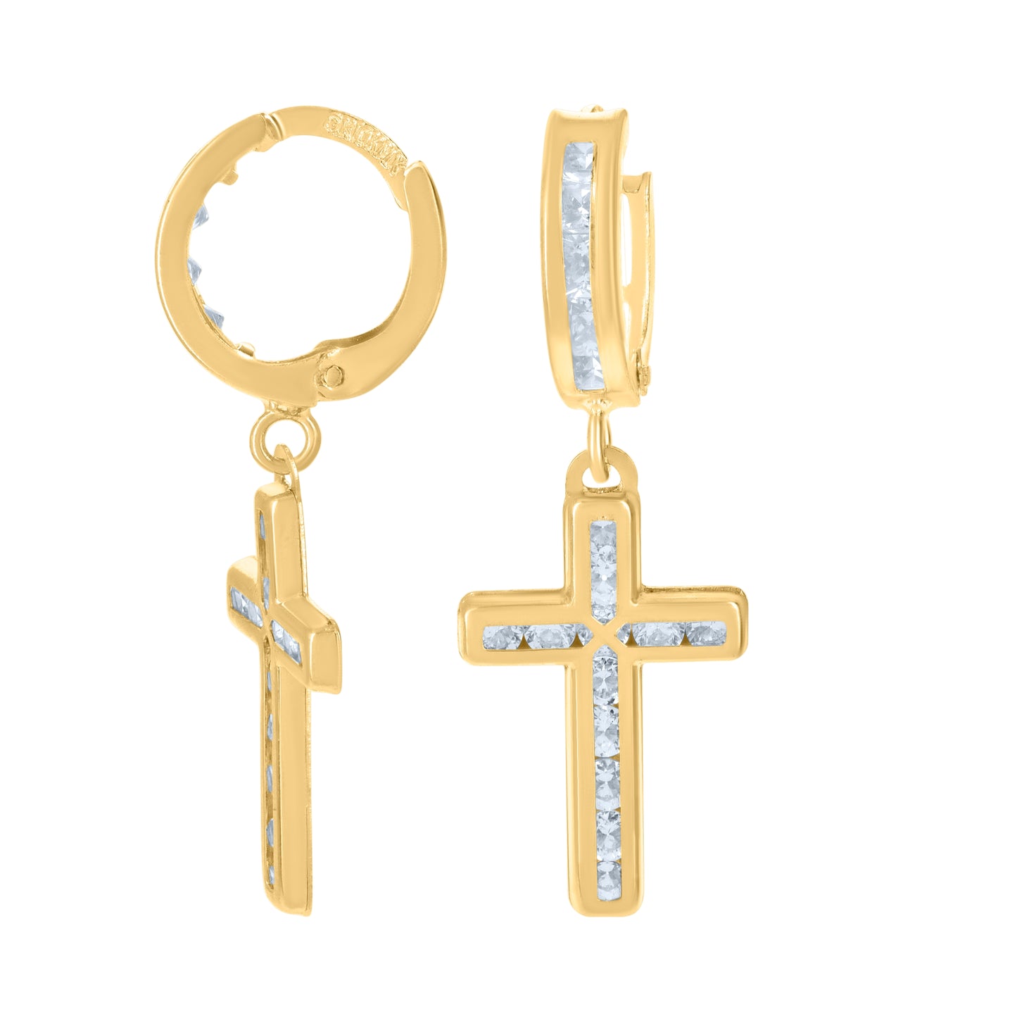 10K Yellow Gold Mens Cubic-Zirconia Cross Dangle Hoop Earrings